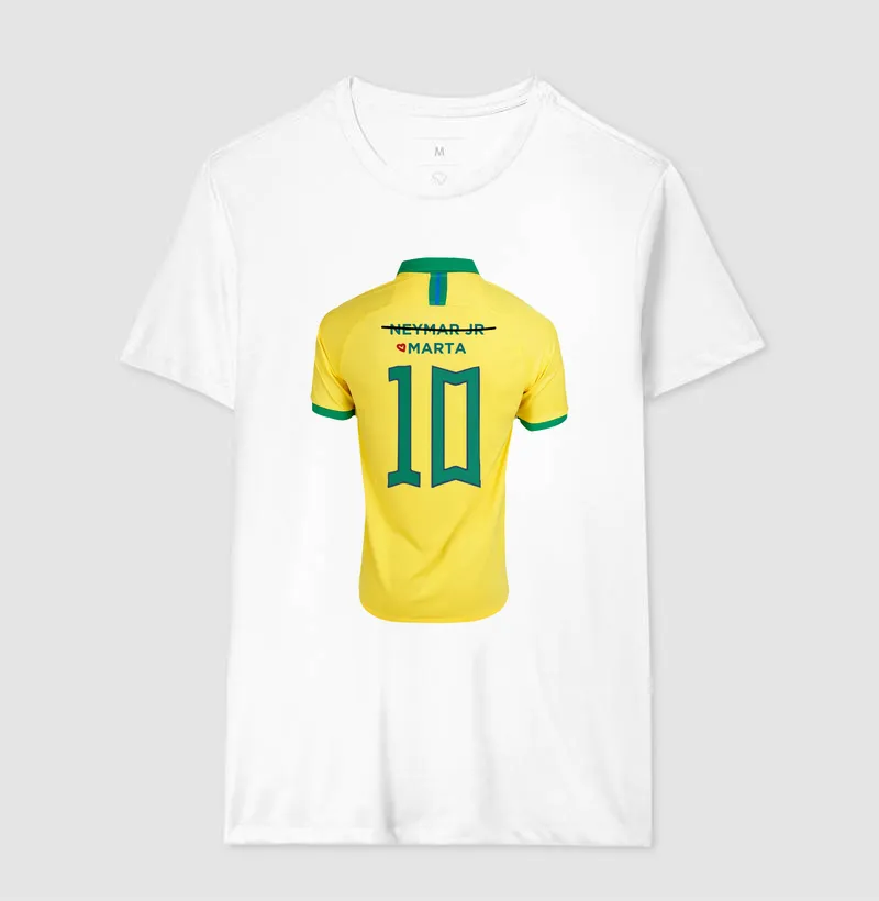 camiseta branca aqui é marta 10 — estampa da seleção com neymar jr riscado e marta escrito à mão